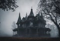 a very old victorian house sits in the dark foggy woods Royalty Free Stock Photo