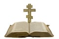 Very old vintage open bible and big church cross Royalty Free Stock Photo