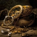Very old vintage retro gold jewelry, rings, chains, bracelets with precious stones close-up, Royalty Free Stock Photo