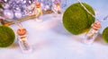 magic garland - Toy Christmas trees in glass jars and green grass balls, on a blue background. a glass casket with