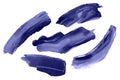 Very Peri color of the year 2022. Five trendy violet hand drawn brush stroke smears isolated on white background