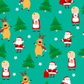 Very positive Christmas seamless pattern on a green background. Santa Claus, Mrs Santa Claus, deer and many trees.