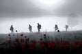Silhouetted ANZAC Soldiers Among Red Poppies in the Mist. Generative AI