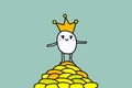 Very rich cartoon king hand drawn illustration. Stanging on a mountain of golden money. Minimalism vector