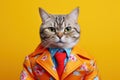 Very rich cute cat in bright clothes smiling proudly, concept of Fashion icon