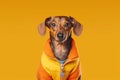 Very rich cute dog in bright clothes smiling proudly, concept of Fancy Furry