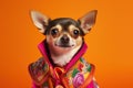 Very rich cute dog in bright clothes smiling proudly, concept of Fancy Furry