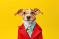 Very rich cute dog in bright clothes smiling proudly, concept of Fancy Furry
