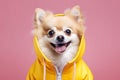 Very rich cute dog in bright clothes smiling proudly, concept of Fancy Furry