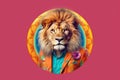 Very rich cute lion in bright clothes smiling proudly