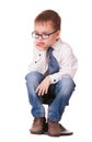 Very sad clever kid on white Royalty Free Stock Photo