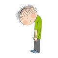 Very sad and depressed little boy, standing with his back bent down looking lonely - original hand drawn illustration Royalty Free Stock Photo