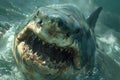 A very scary white shark with an open mouth in the ocean. A cinematic attack