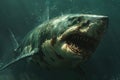 A very scary white shark with an open mouth in the ocean. A cinematic attack