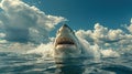 A very scary white shark with an open mouth in the ocean. A cinematic attack