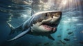 A very scary white shark with an open mouth in the ocean. A cinematic attack