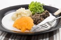 Very scottish meal, haggis, swede and mashed potato on a plate