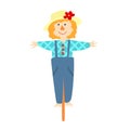 A very silly and charming garden scarecrow on a stick in a cartoon children\'s flat style. Royalty Free Stock Photo