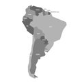 Very simplified infographical political map of South America in grey colors. Simple geometric vector illustration