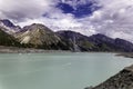 Very small boat in a beautiful turqouise Tasman Glacier Lake and Rocky Mountains of the Mount Cook National Park