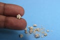 very small kidney stone at two finger at blue background Royalty Free Stock Photo