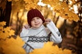 Very smiling child in the autumn park Royalty Free Stock Photo