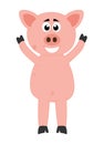 A very smiling pink pig with his arms raised and happy to have grown up on a farm