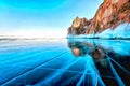 Very smooth and transparent Ice on a Mountain Lake in Winter, beautiful Rocks on the Shore