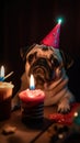 Very special birthday for pug dog wearing cone shaped pink party hat - generative ai