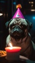 Very special birthday for pug dog wearing cone shaped pink party hat - generative ai