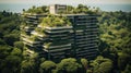 A very tall building with a bunch of trees on top of it. Generative AI image.