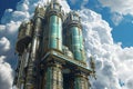 A very tall building with a clock tower standing prominently at the top against a clear blue sky, Skyscrapers designed with a Royalty Free Stock Photo