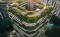 A very tall building with a green roof. AI generative image.