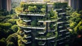 A very tall building with lots of plants on it. Generative AI image.