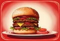 A very tall hamburger, over a red background