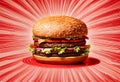 A very tall hamburger, over a red background