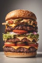 very tall layered burger symbolizing gluttony or a special offer of fast food