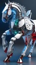 a very tall white and blue mechanical horse on the floor