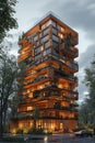 A very tall wooden building with numerous windows, creating a striking architectural display