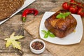 Very tasty cooked beef with spices and vegetables on wooden old table Royalty Free Stock Photo