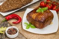 Very tasty cooked beef with spices and vegetables on wooden old table Royalty Free Stock Photo