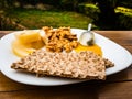 Very tasty italian healthy rustic sweet and salty breakfast with homemade cow`s milk cheese, walnuts, honey