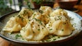 Very tasty manti left on a plate, sprinkled with herbs Royalty Free Stock Photo