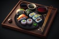 Very tasty sushi served on a dark wooden plate with chopsticks and sauces created with generative AI technology