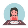 Very thin woman with mental disorder anarexia and bulimia looks at a plate of diet food and is afraid to eat, dissatisfied with