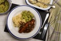 Mashed potato, onion gravey, grilled sausages and mushy peas Royalty Free Stock Photo