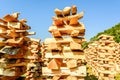 Very unusual way of stacking cut wood logs Royalty Free Stock Photo