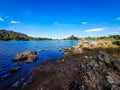 A very wide lake in a beautiful stretch of clear blue sky