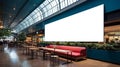 Very Wide White Billboard without frame above decorative small plants inside a Shopping mall with glass ceiling