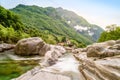 Verzasca River at Lavertezzo - clear and turquoise water stream and rocks in Ticino - Valle Verzasca - Valley in Tessin, Royalty Free Stock Photo